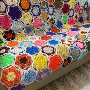 Vintage Handmade Crochet Multi Colored Floral Throw Blanket Afghan Psychedelic